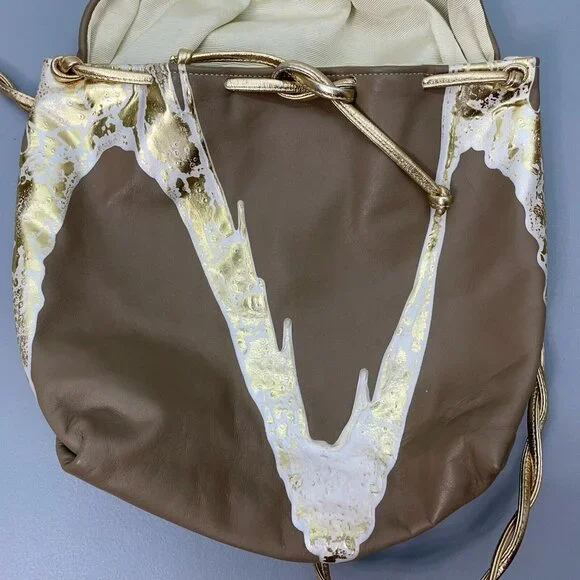 Vintage 80s Terry Toni Shoulder Bag Purse Hand Painted White Gold Leather Brown - Picture 5 of 16